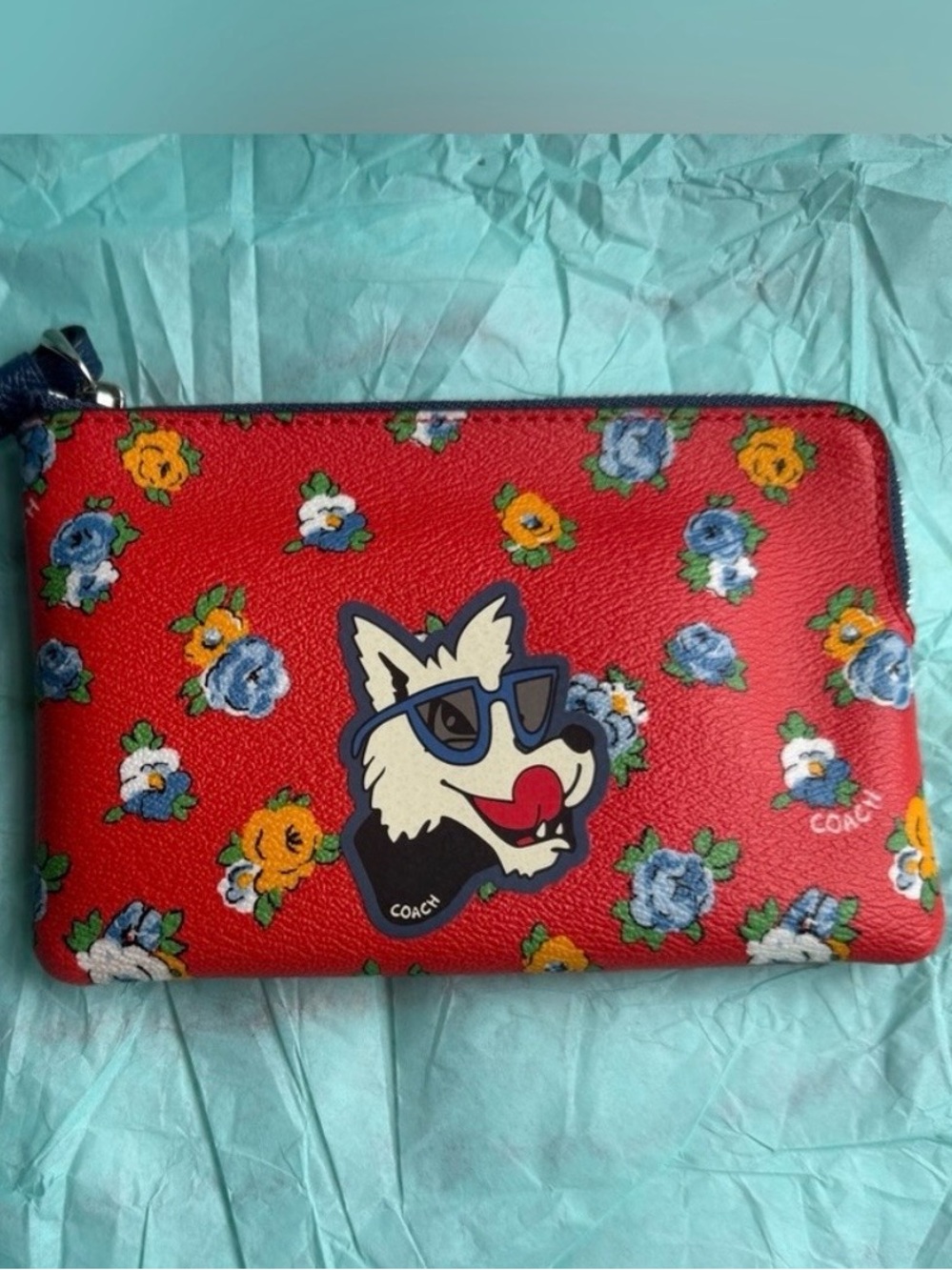 Coach Westie Wristlet Floral Leather Zip with Sunglass Wolf Patch